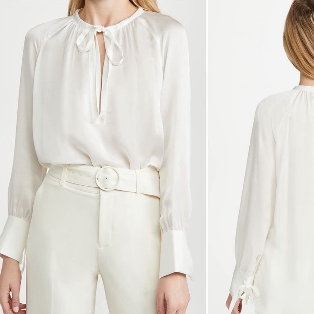 Club Monaco Shirred Tie Detail Blouson Top White Silk sz small - Picture 4 of 14